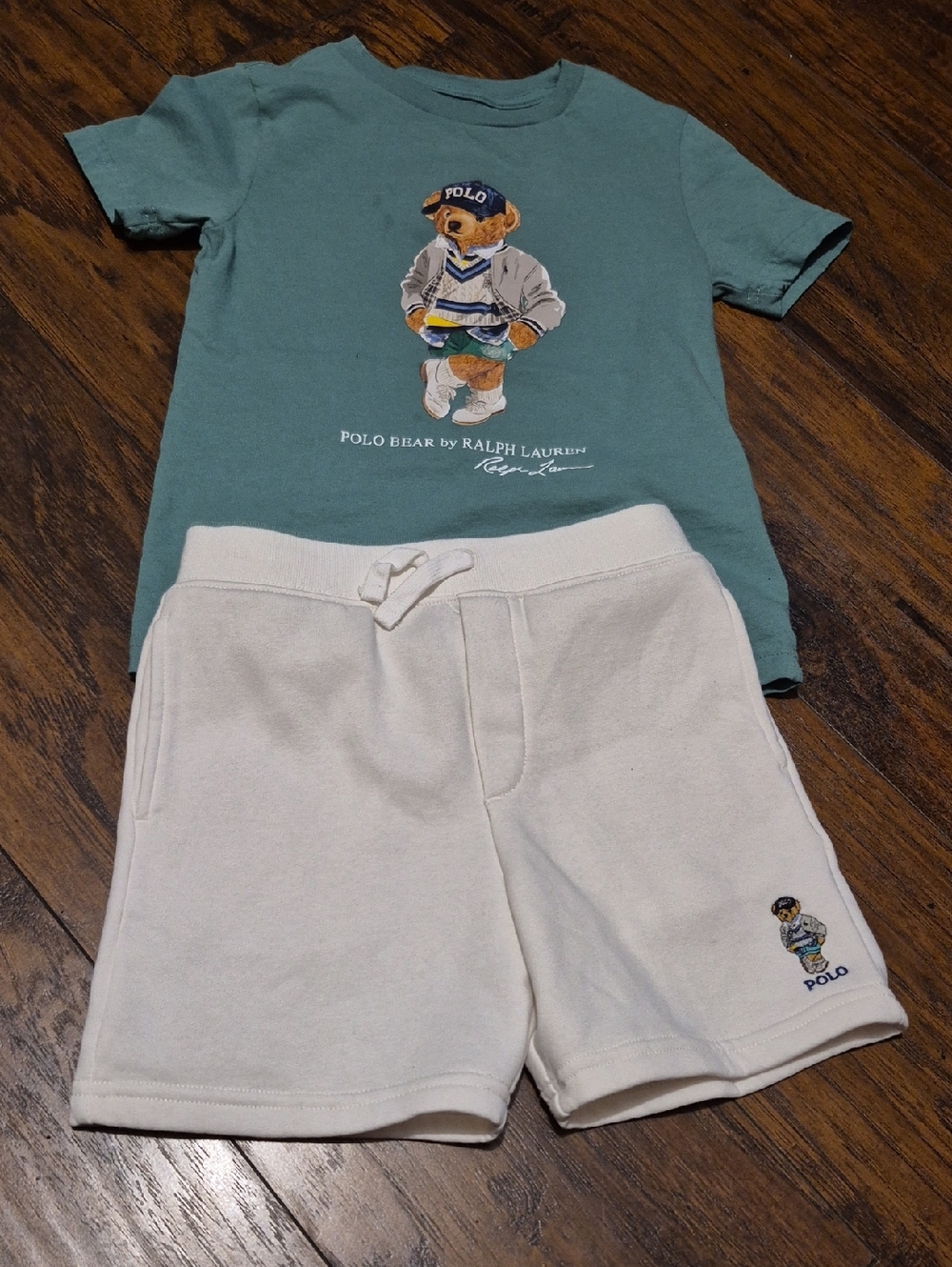 Ralph Lauren Seafoam Green Polo Bear Tee with Cream Shorts